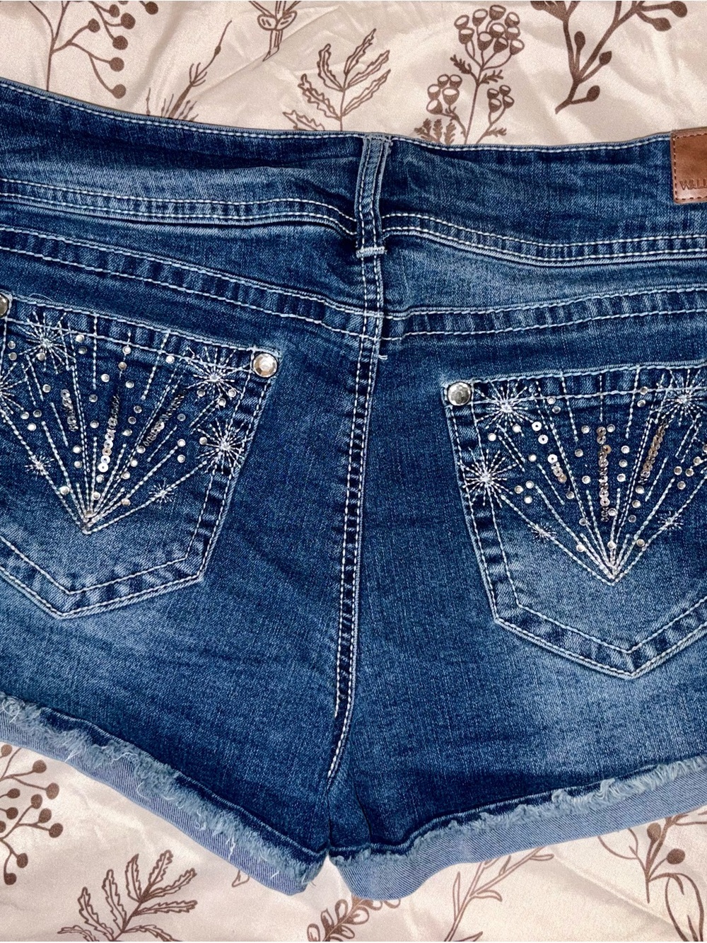 Wallflower Indigo Denim Shorts with Sequin Starburst Pockets